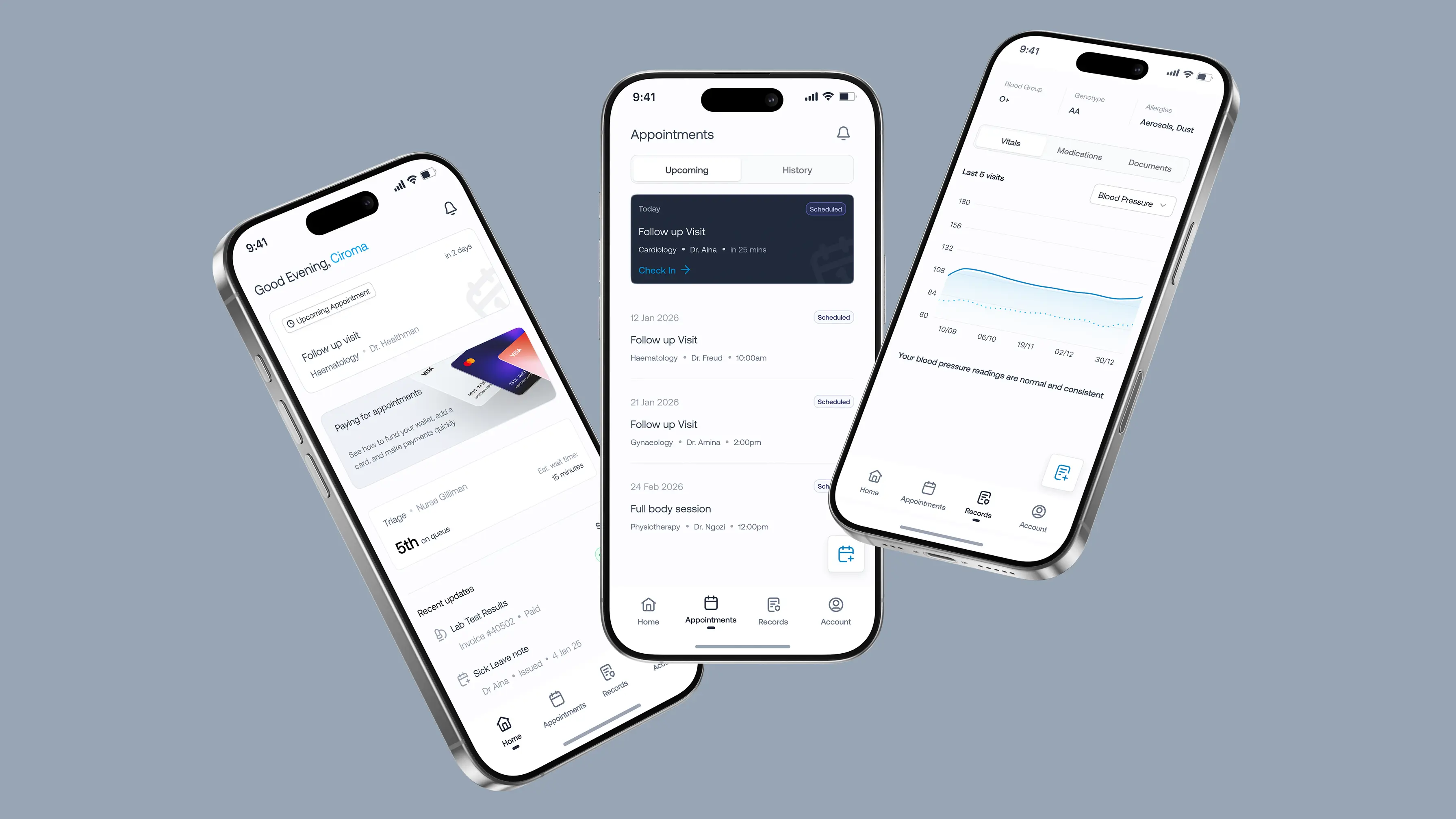 Hosqare app mockup showing home, appointments and records tabs